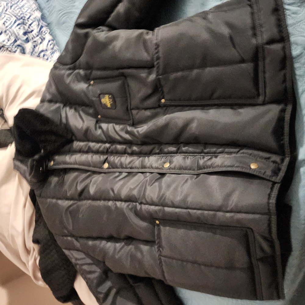 Black Puffer Jacket with Gold Accents